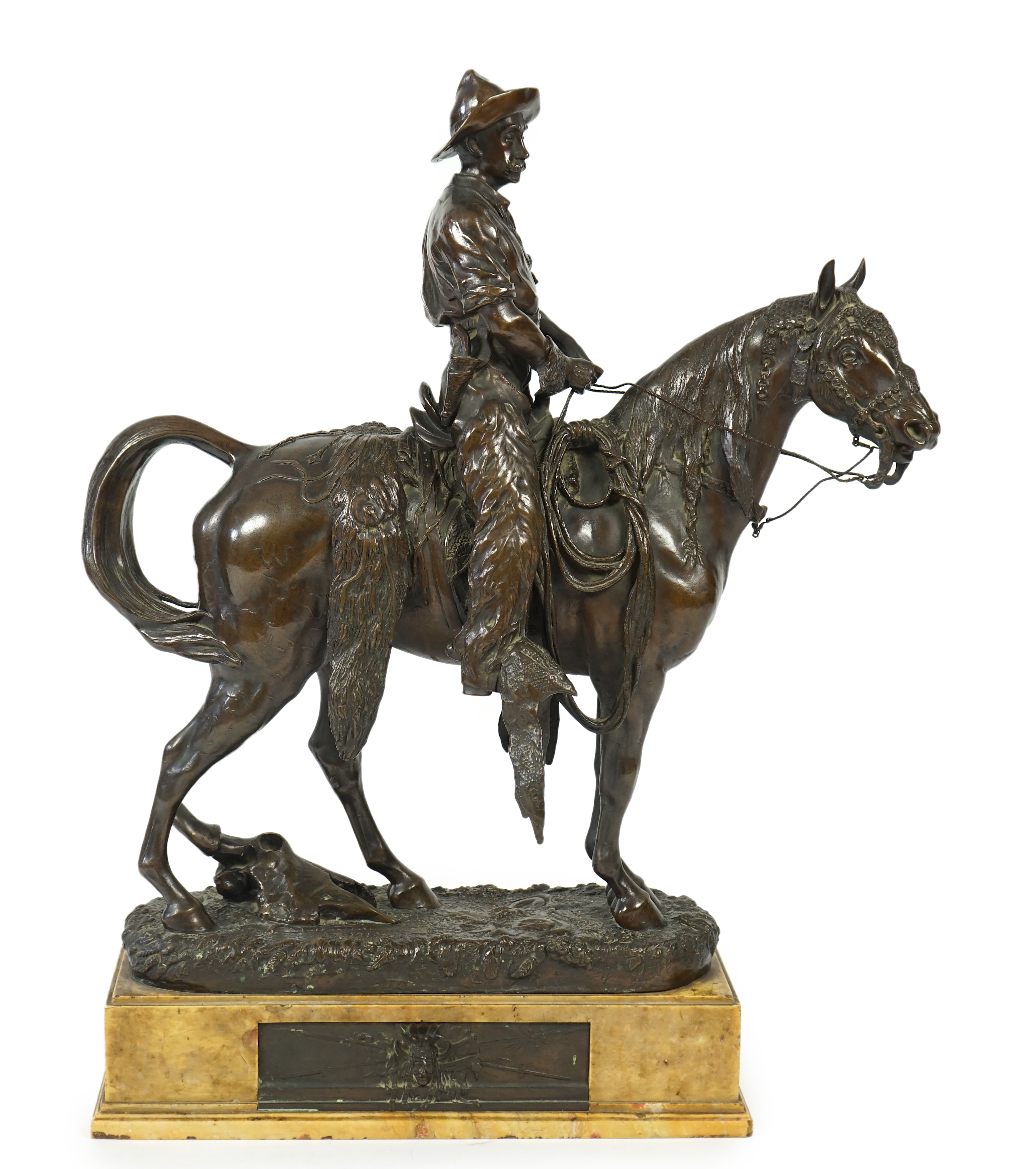 Walter Winans (St. Petersburg, 1852-Parsloe Park, Essex, 1920), a cast bronze of the artist, as a cowboy, riding the Arab stallion Skowronek, 50cm wide, 66cm high, overall 79.5cm high
